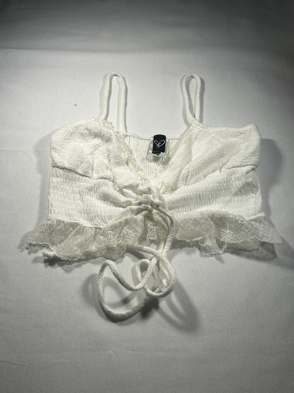 Windsor White Lace Smocked Tie Front Crop Top